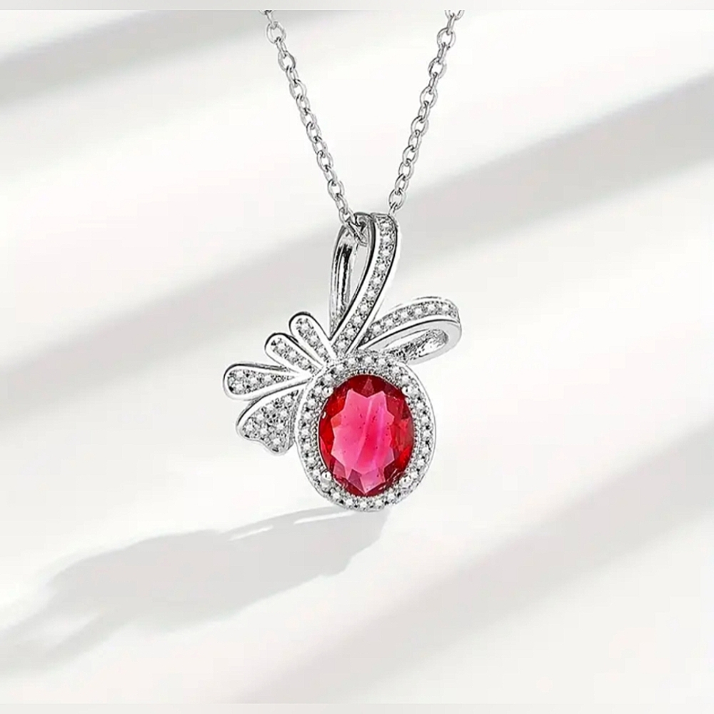 Rhodolite Hue & Clear CZs Oval Bowed Necklace